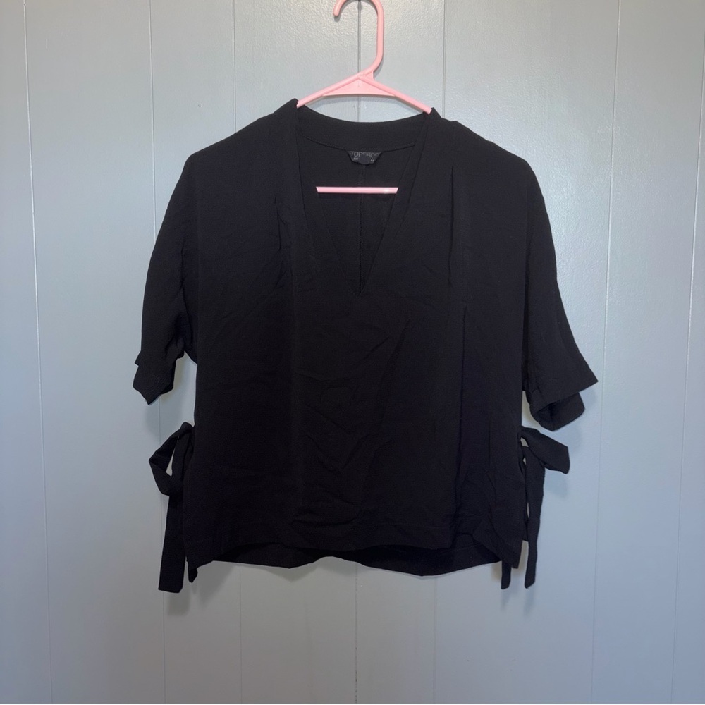 Topshop Black Side Tie V-Neck Blouse Size 2
